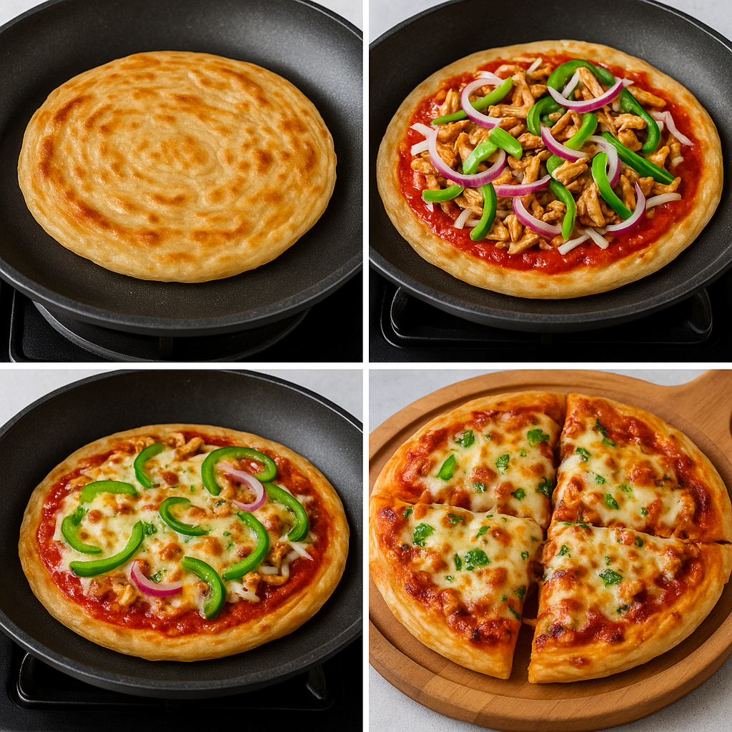 Flaky lachha paratha topped with spicy masala, vegetables, and melted cheese – served hot as a fusion pizza.