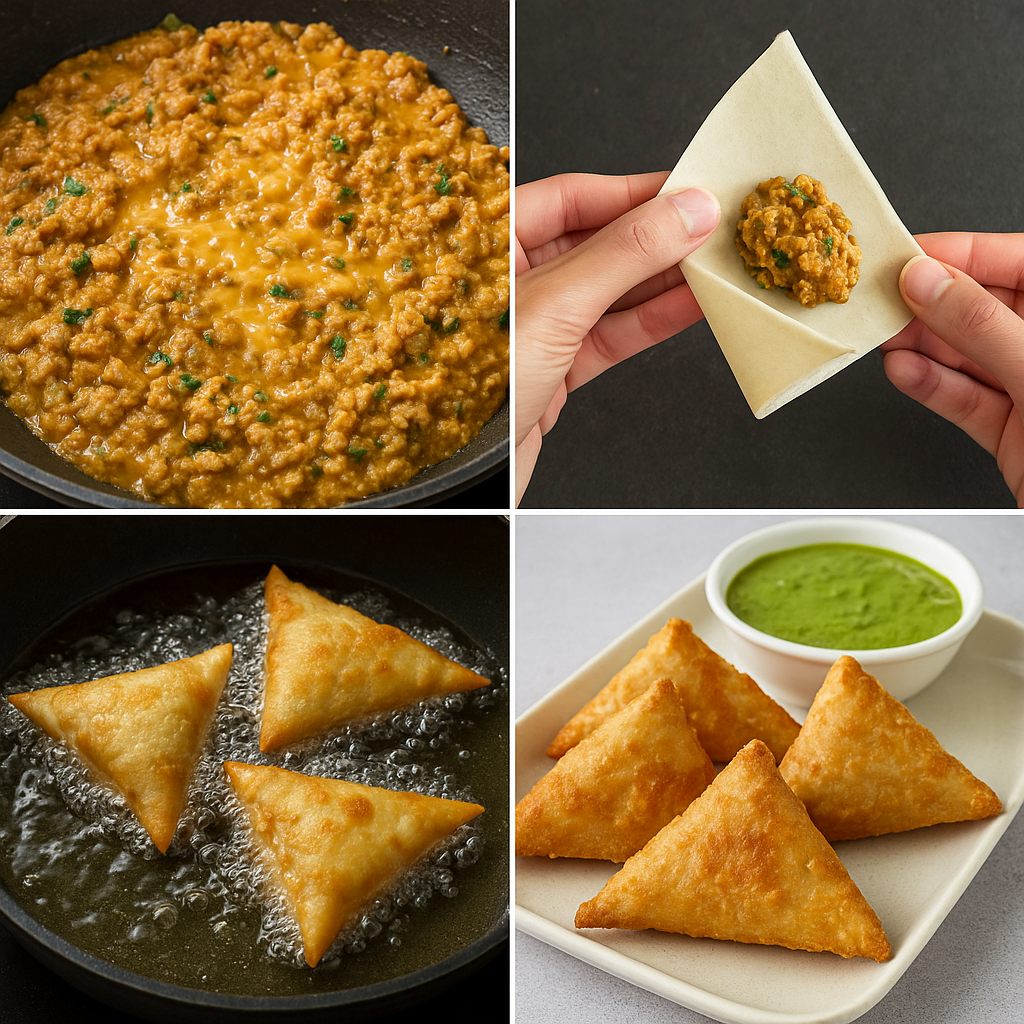 Golden crispy cheesy keema samosas served with mint chutney on a white plate.