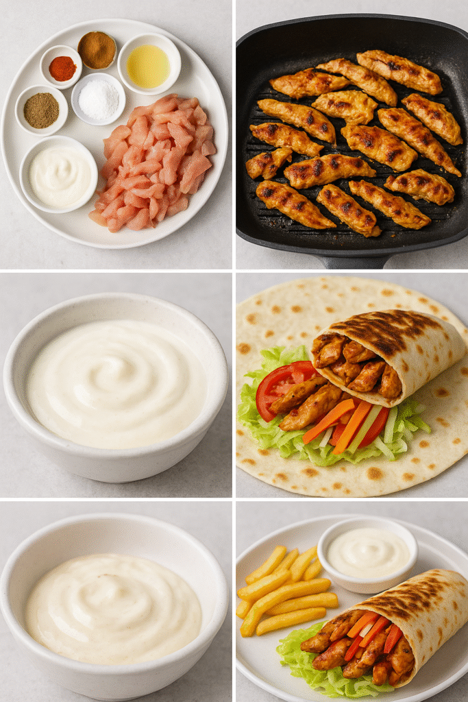 Street-style chicken shawarma wrap process in one collage: juicy grilled chicken, garlic sauce, and wrap assembly.