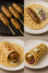A step-by-step 4-photo collage showing chicken kofta grilling, wrap filling with sauces, and final serving style.