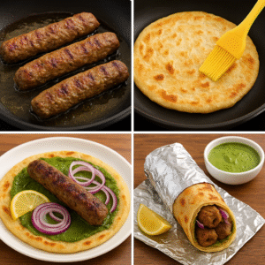 Collage showcasing juicy grilled seekh kebabs, crispy golden paratha, chutney spread, and final wrapped roll with onion garnish.