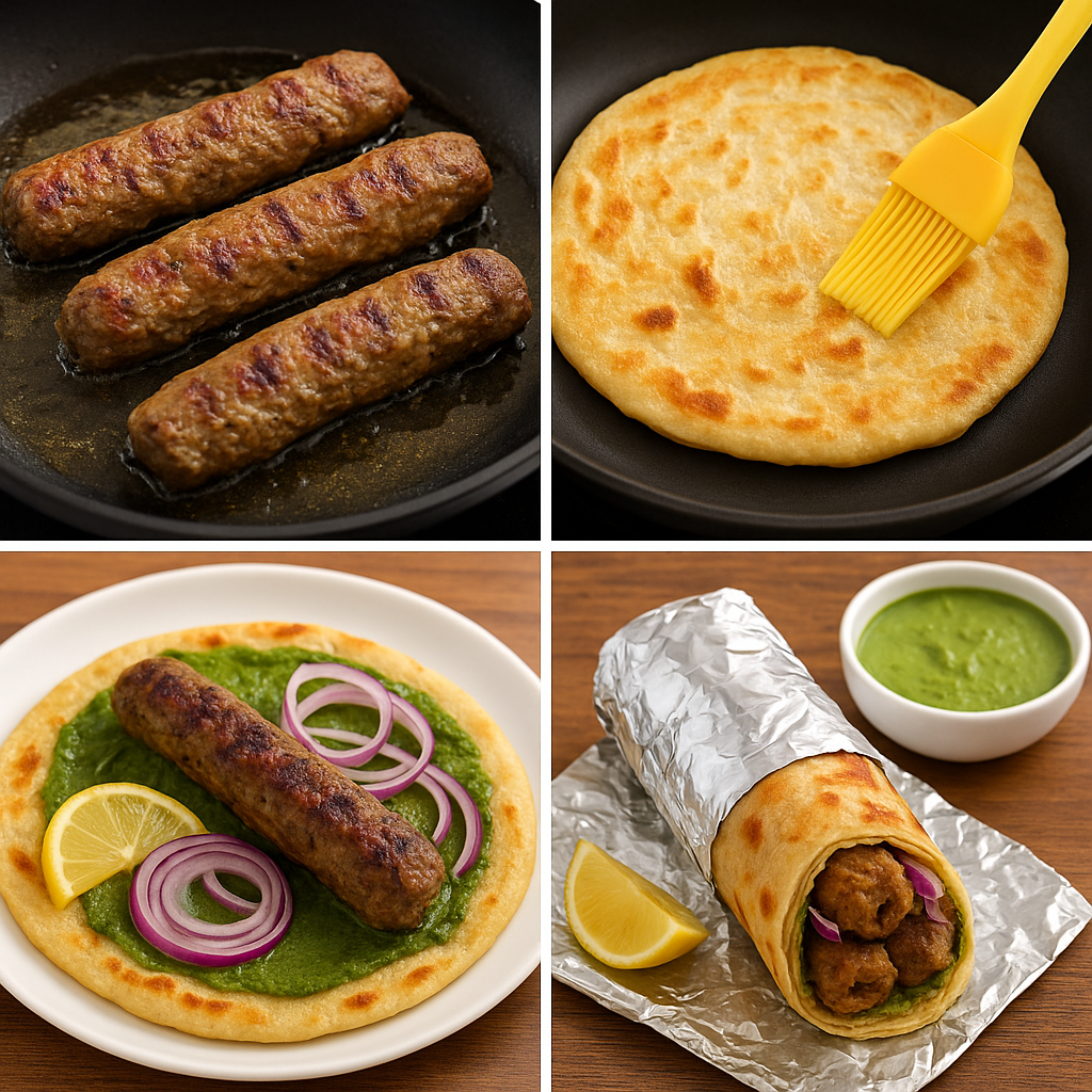 A close-up of a spicy seekh kebab paratha roll wrapped in foil, served with lemon wedge and green chutney on the side.