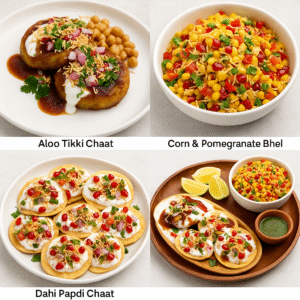 A detailed visual guide to a chaat platter with three distinct dishes — crispy dahi papdi, tangy aloo tikki chaat, and corn pomegranate bhel, artistically arranged.