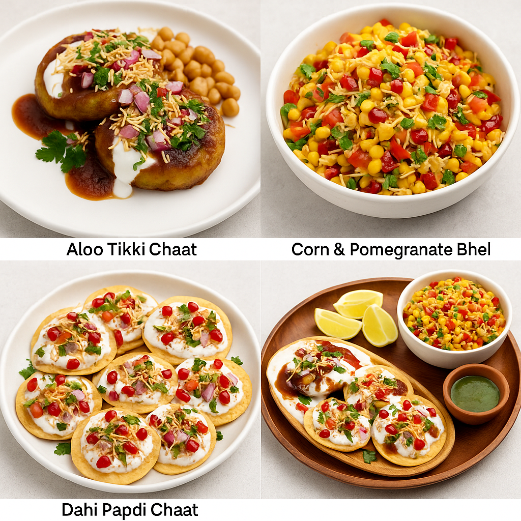 A vibrant collage showing three unique chaats – Aloo Tikki Chaat, Corn & Pomegranate Bhel, and Dahi Papdi Chaat served beautifully in bowls and on a tray.