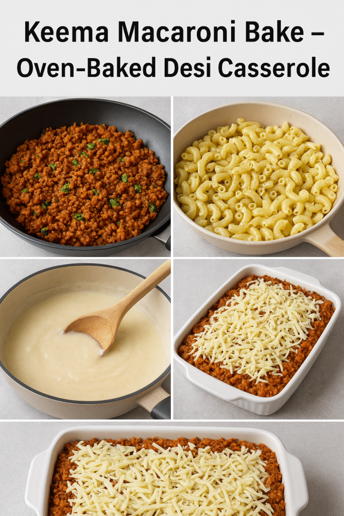 Desi-style keema macaroni served in a white bowl, topped with fresh coriander and melted cheese, showcasing rich red masala coating the pasta.