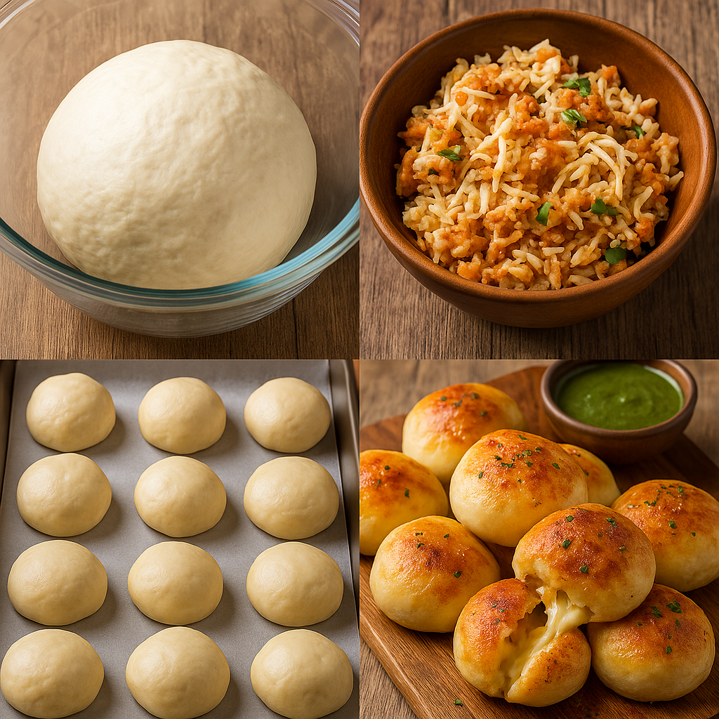 Golden-brown stuffed cheese naan bombs filled with spicy chicken, served hot with mint chutney on a wooden board.