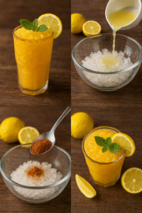 A 4-step collage showing preparation of masala lemon slush