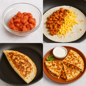 A collage showing the Desi quesadilla process: marinated chicken cooking, tortillas being filled, grilled to perfection, and final sliced presentation.

