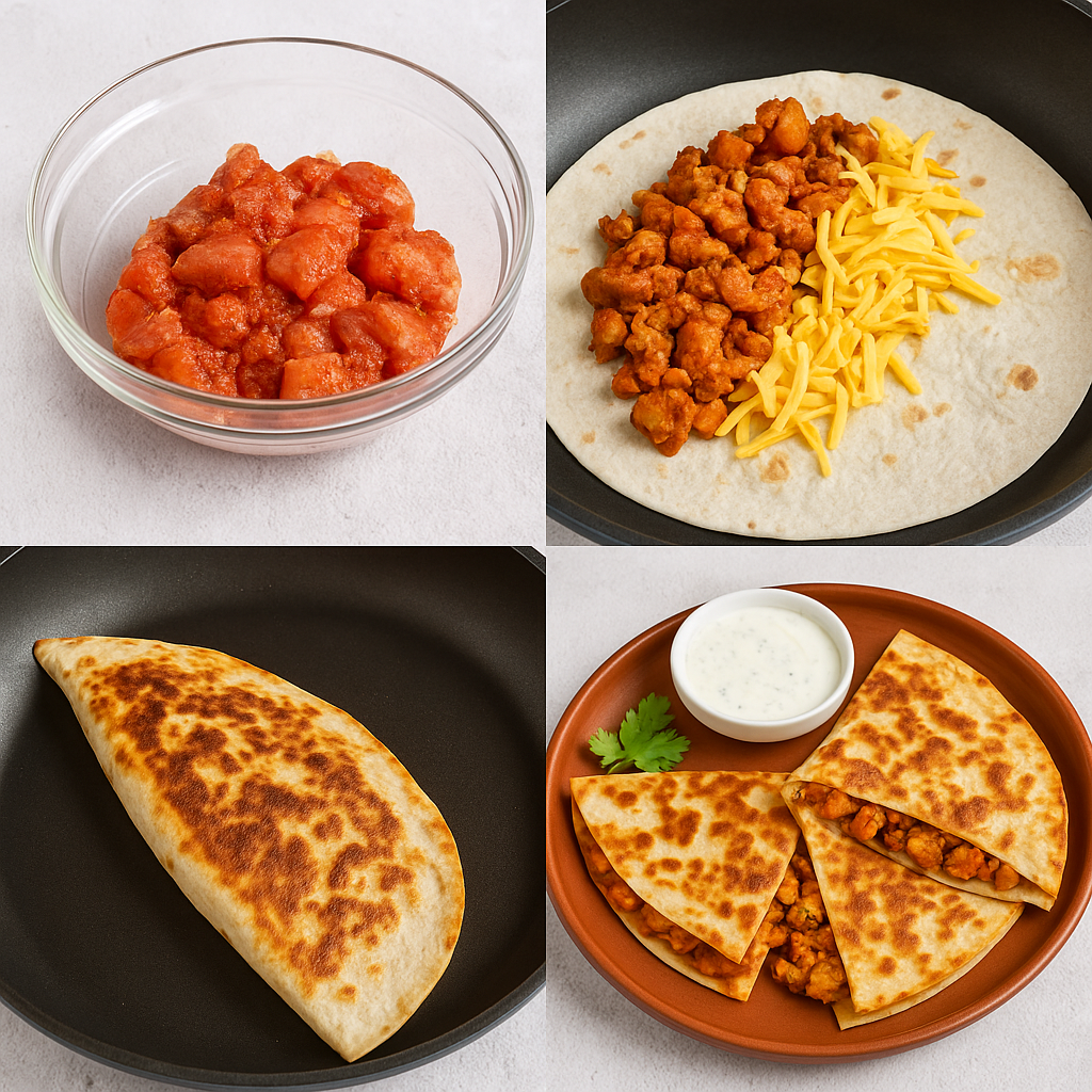 Crispy Desi-style chicken quesadillas served hot with salsa, creamy dip, and fresh coriander garnish.