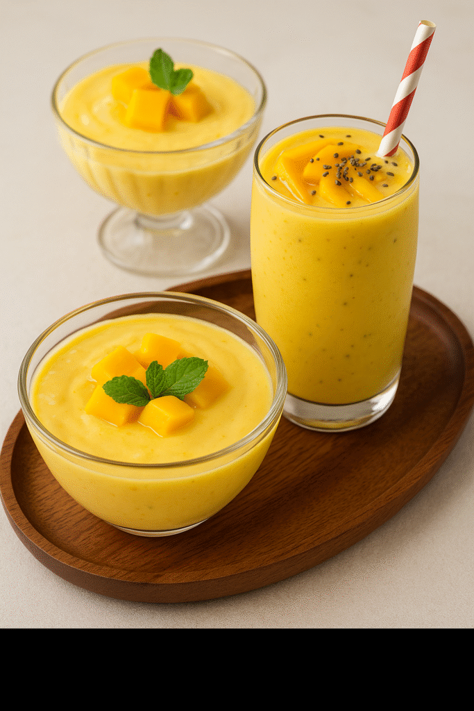 A high-resolution digital photograph showcasing various mango desserts including mango custard and mango smoothies, served in glass bowls.