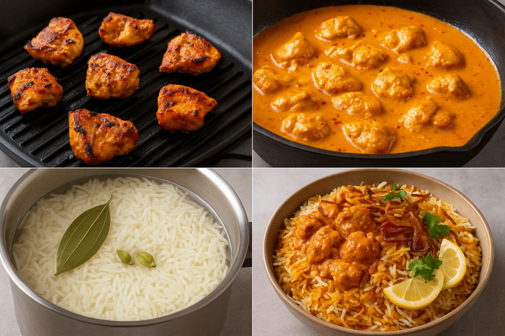 A bowl of creamy chicken tikka biryani garnished with caramelized onions, lemon wedges, and fresh coriander on top of layered rice.