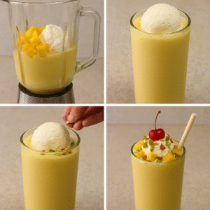 Collage showing step-by-step preparation: blending mangoes with ice cream, pouring shake into glass, topping with nuts and fruit, and final decorated mango mastani.
