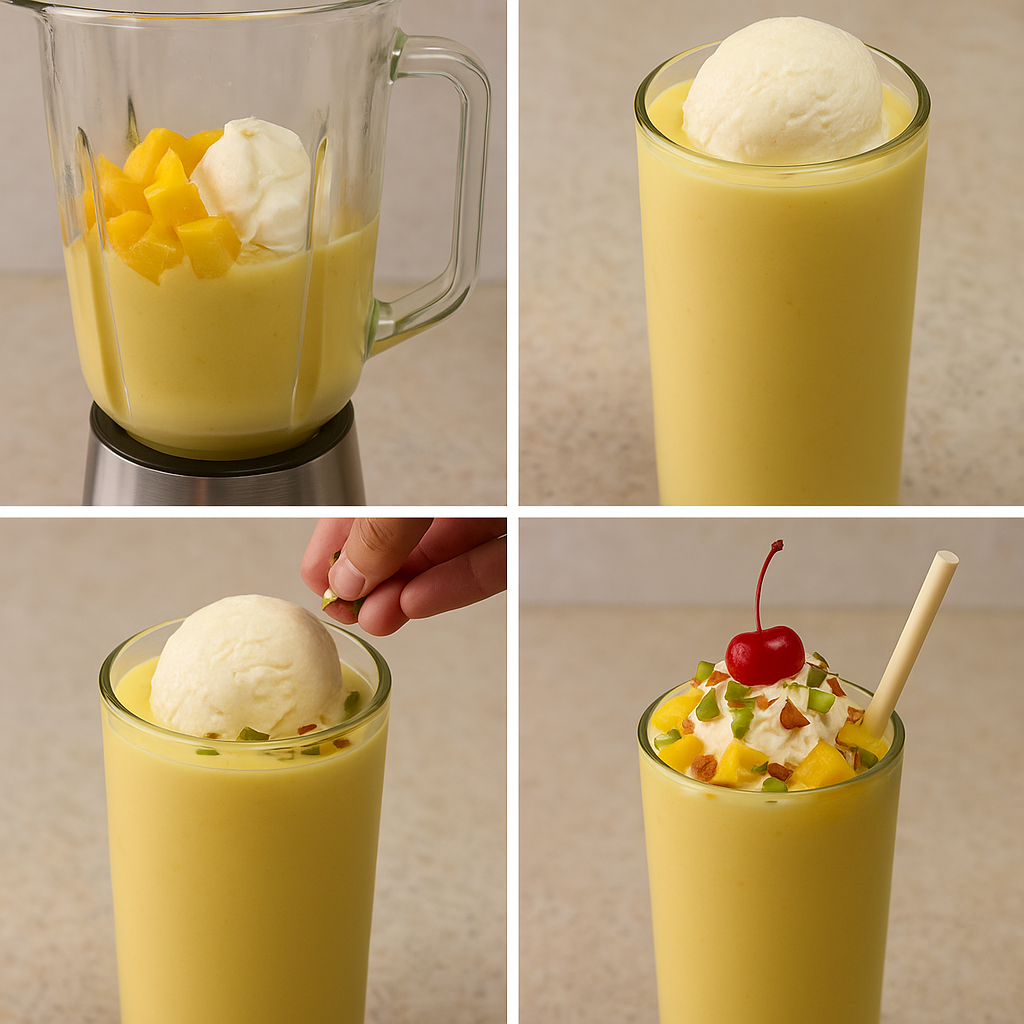 A tall glass of mango mastani topped with vanilla ice cream, mango cubes, chopped pistachios, almonds, and a cherry, served with a straw.