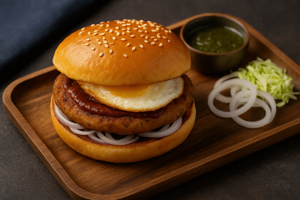 “Pakistani street-style chicken bun kabab with chutney and fried egg served on a wooden tray.”