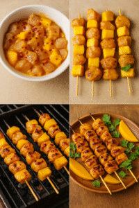 Collage showing mango chicken marinade, skewers assembled with mango chunks, skewers grilling on BBQ, and final plated dish.