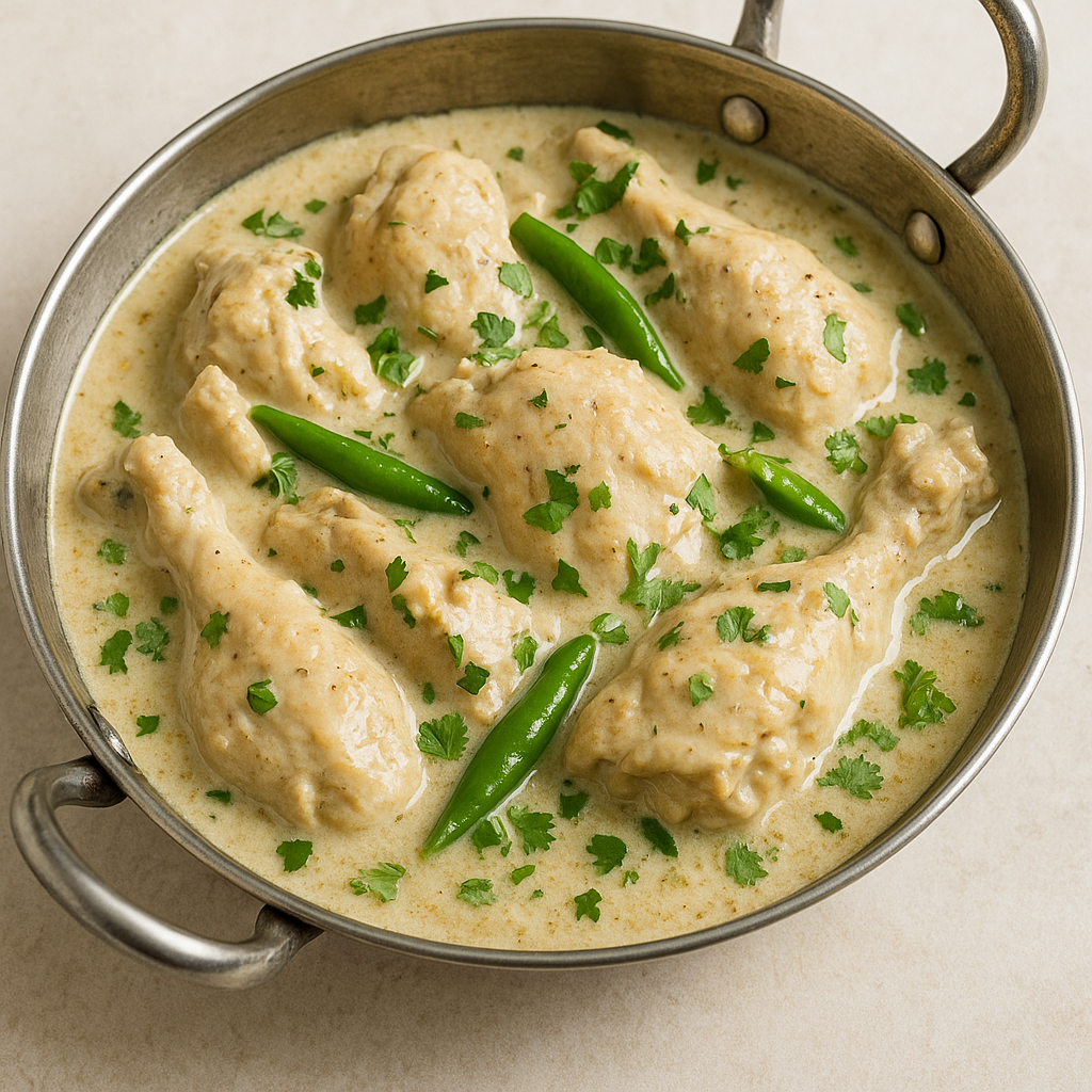 A sizzling pan of creamy chicken white karahi garnished with green chilies and coriander.