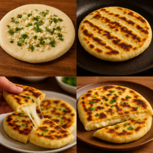 4 tasaveer ka collage – dough mein cheese bharna, upar butter lagana, tawa par sekhna aur aakhir mein naan ko kaat kar dikhana ke cheese kaise melt ho gaya.