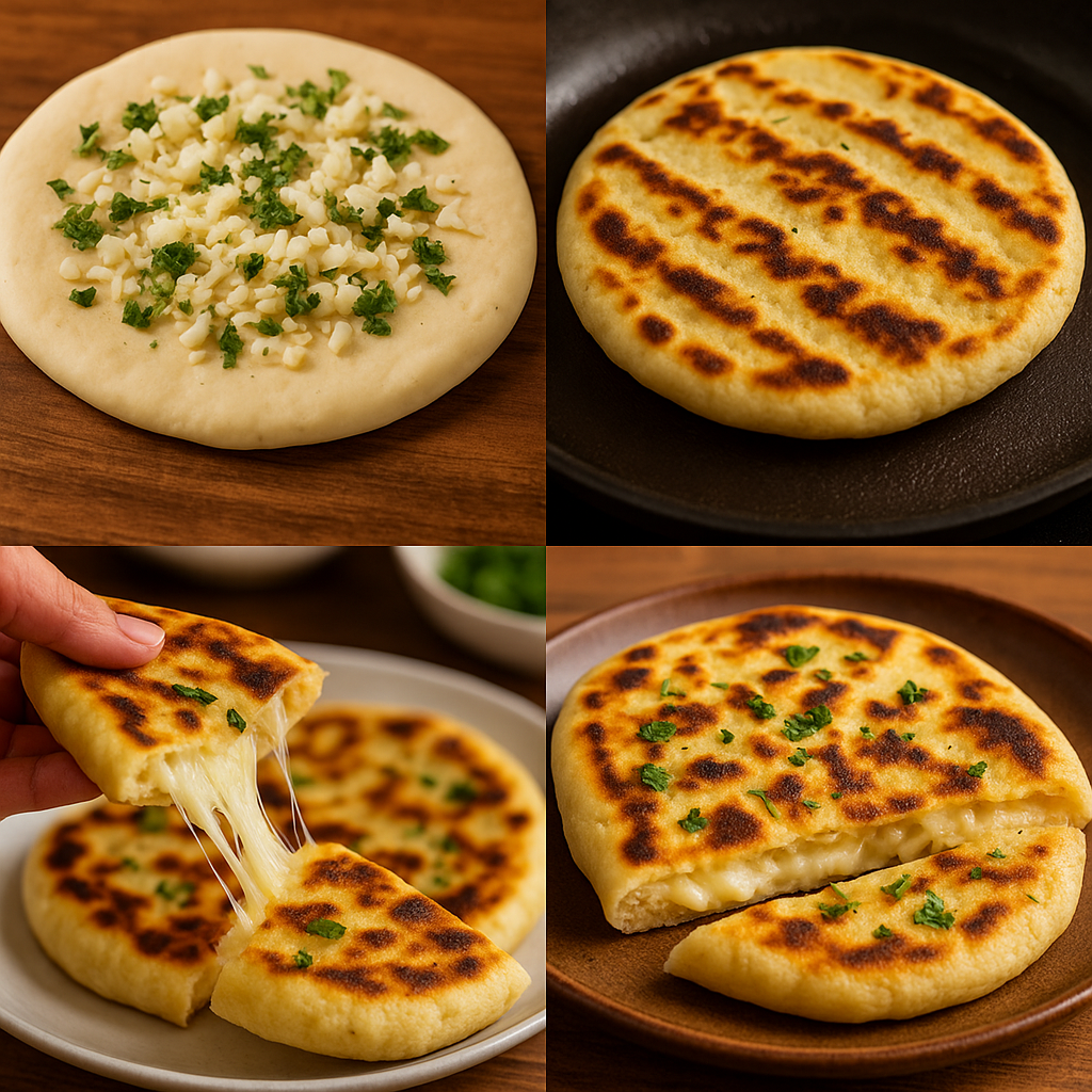 Garam naan jismein cheese nikal raha hai, upar se lehsan aur hara dhania dala hua hai.