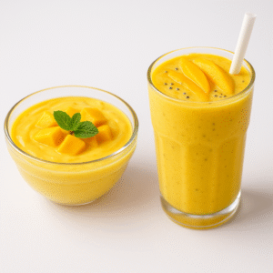 A high-resolution image showing a tall glass of creamy mango lassi with mango chunks and mint, served on a white background.