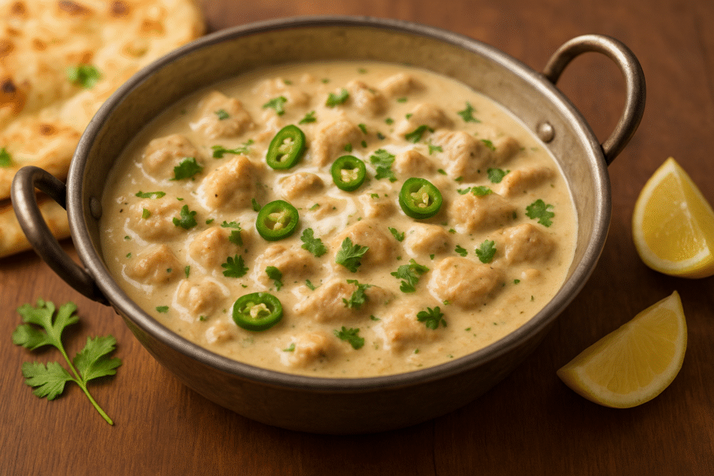Creamy Chicken White Karahi served in a traditional karahi pan, garnished with green chilies, coriander, and cream — a rich Pakistani restaurant-style dish.