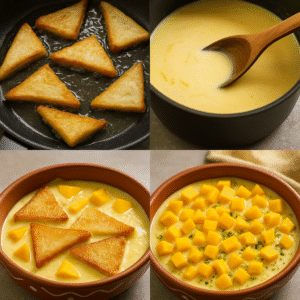 A four-step collage showing the process of making Mango Shahi Tukray: frying bread, cooking saffron rabri, assembling with mango chunks, and final dessert presentation
