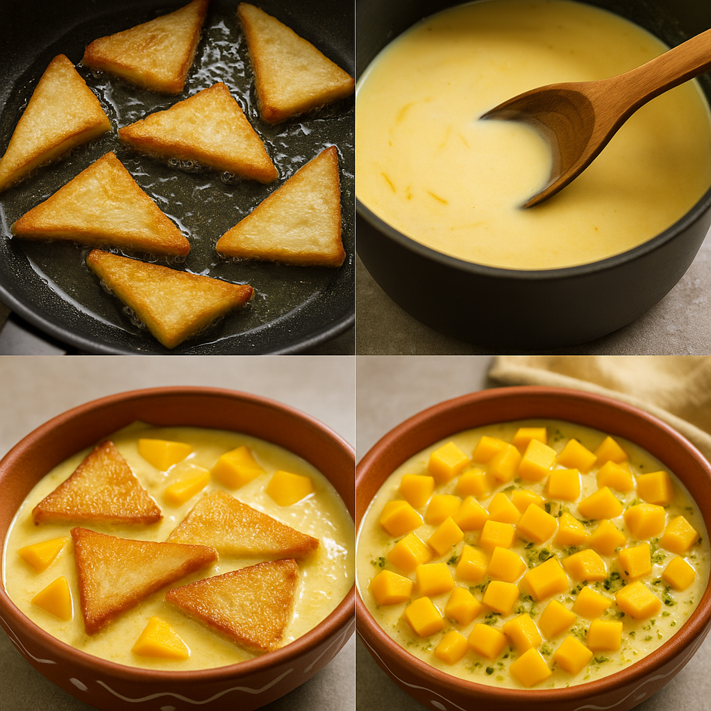Golden fried bread slices layered with creamy rabri and fresh mango cubes, garnished with pistachios – Mango Shahi Tukray in a traditional clay bowl.