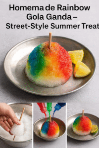Close-up of homemade gola ganda drizzled with rose, orange, and green syrup, served on a metal plate.