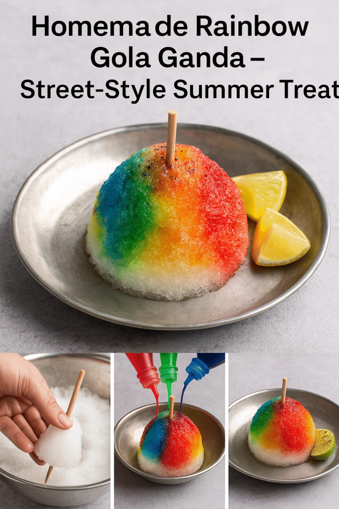 Colorful rainbow gola ganda on a stick served with lemon and black salt.