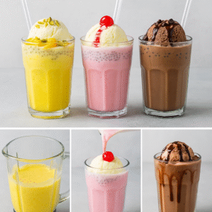 Collage showing mango falooda blend in a blender, rose falooda being poured and topped with cherry, and finished chocolate falooda with chocolate drizzle.