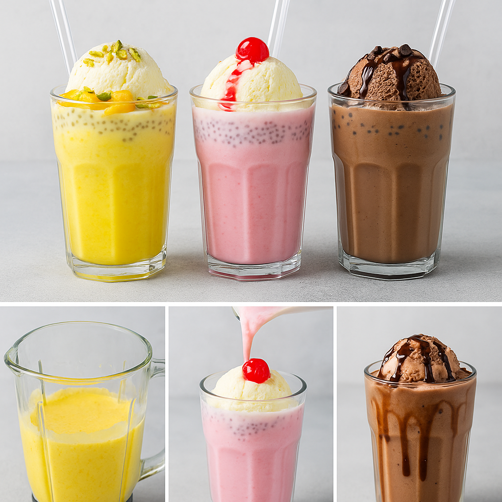 Three glasses of falooda – mango, rose, and chocolate – topped with ice cream, basil seeds, and nuts, served with straws on a neutral background.