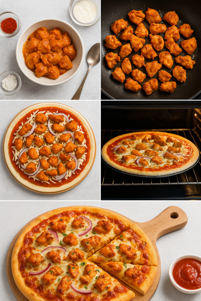 A step-by-step collage showing how to make tandoori chicken pizza from marinated chicken to baked slices.
