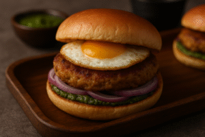 	“Close-up of a chicken bun kabab layered with green chutney, fried egg, and onion slices in a toasted bun.”