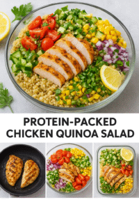 Lunchbox packed with chicken quinoa salad and lemon wedge.”