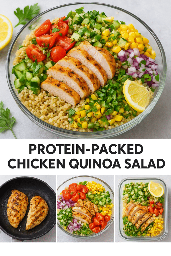 “Protein-packed chicken quinoa salad served in a glass bowl with colorful vegetables and lemon dressing