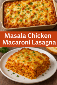 Collage of Masala Chicken Macaroni Lasagna slices – cheesy layers, macaroni, and masala chicken filling.