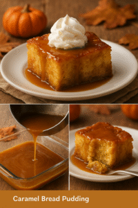 Freshly baked caramel bread pudding being sliced, showing its soft texture and caramel glaze.