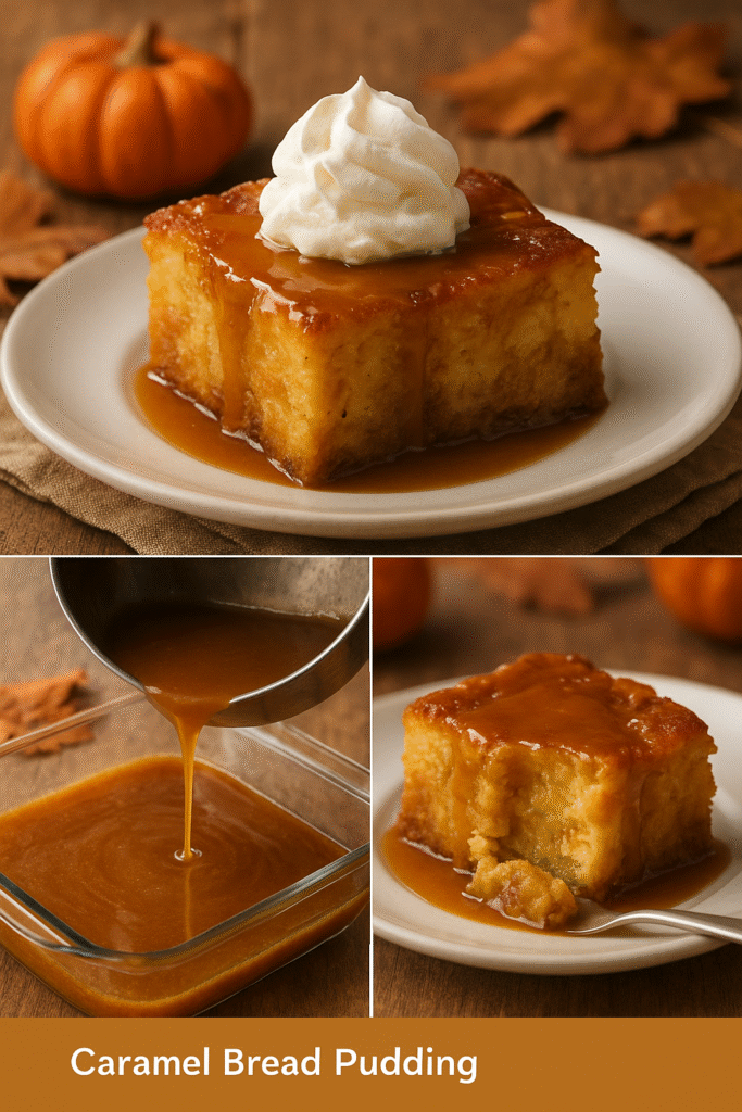 A slice of caramel bread pudding topped with golden caramel sauce and vanilla ice cream on a ceramic plate.