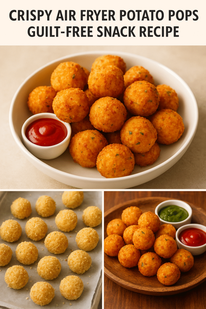 Crispy golden air fryer potato pops served in a white bowl with ketchup and mayo dip.