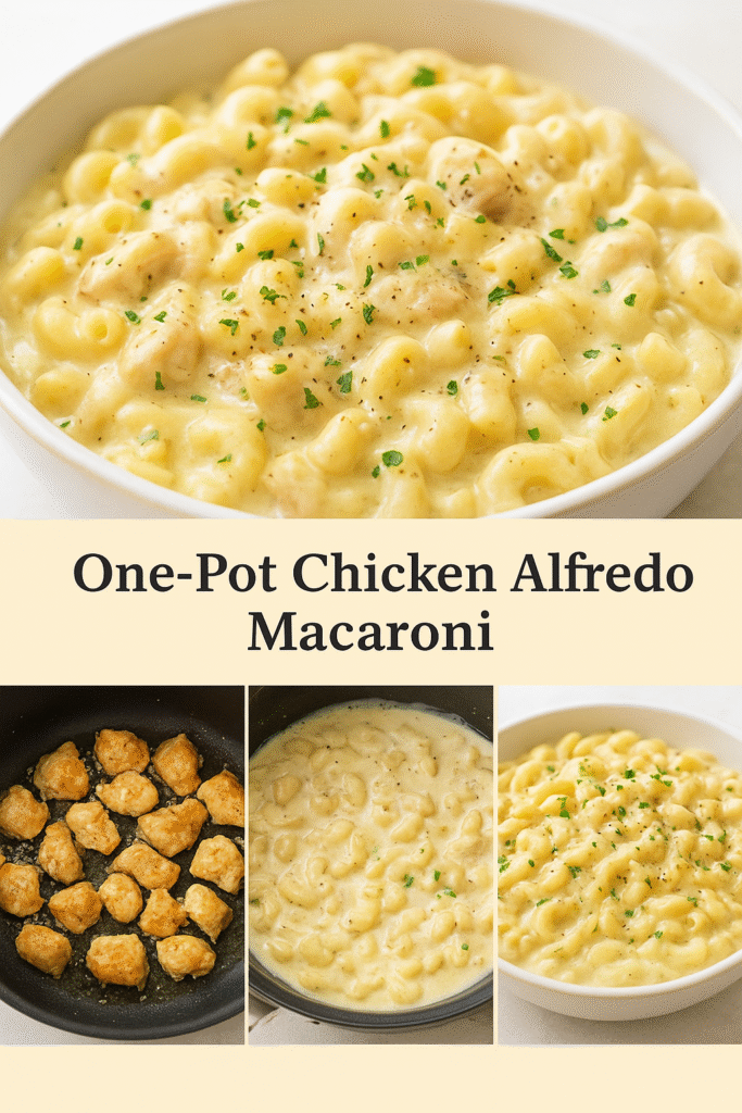 One-Pot Chicken Alfredo Macaroni served in a creamy white bowl topped with parsley.