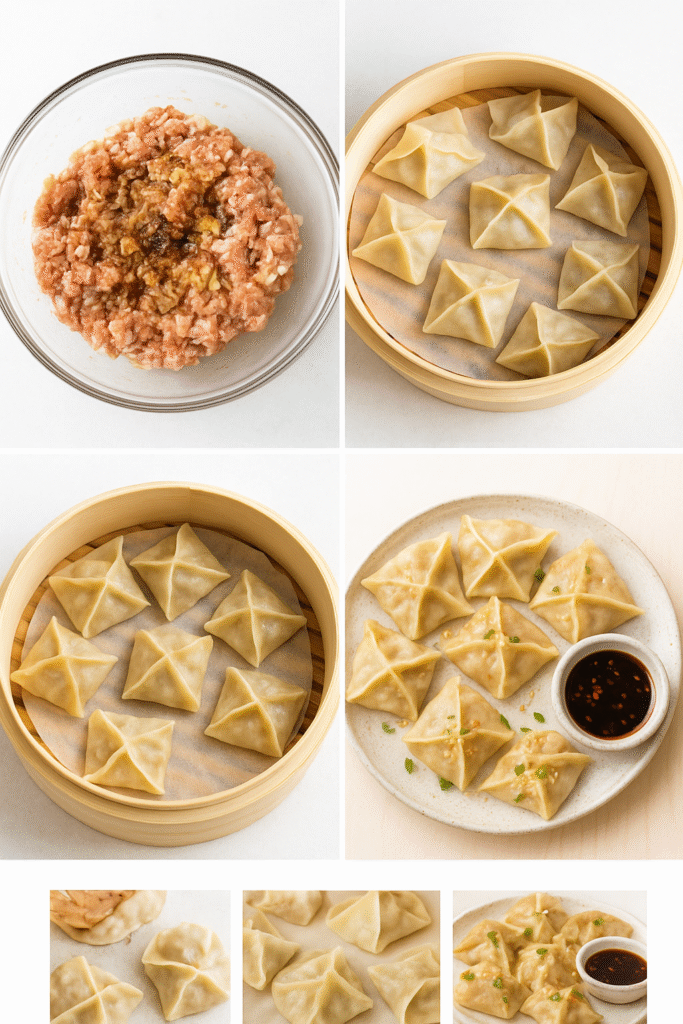 “A collage of four steps showing how to make Hawaiian Pork Hash — mixing filling, wrapping dumplings, steaming, and serving with soy sauce.”