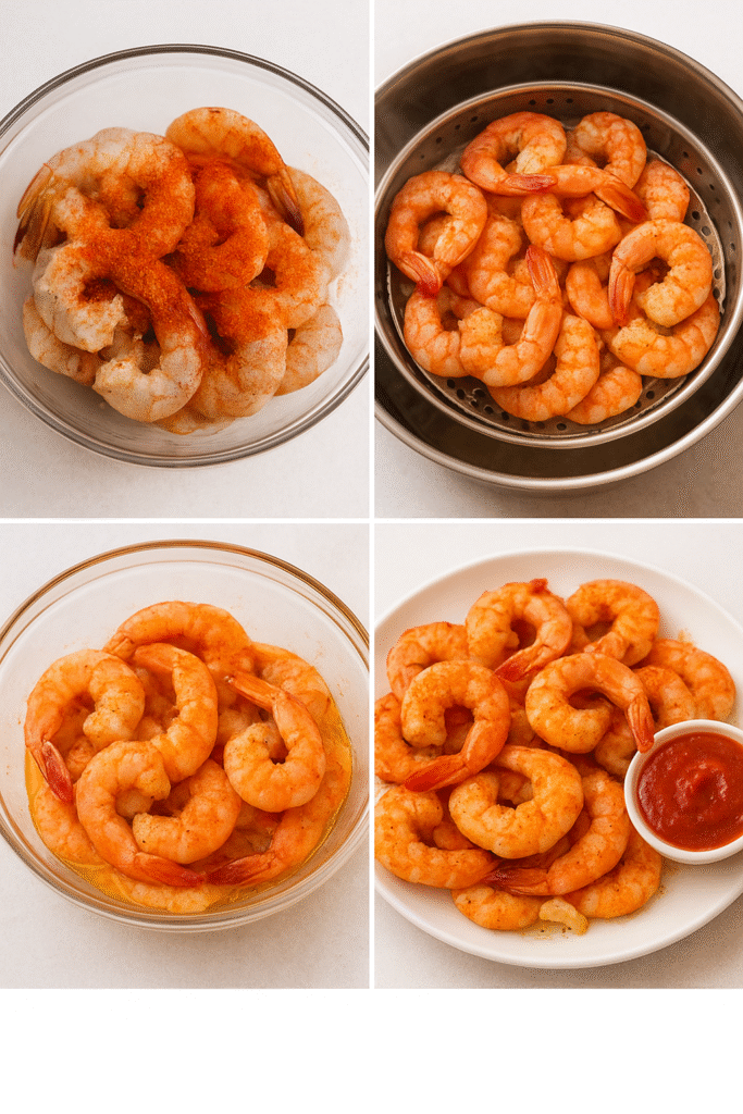 A close-up shot of Old Bay Seasoned Steamed Shrimp served with lemon wedges and cocktail sauce, showing juicy texture and vibrant red-orange color.