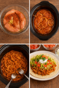 A four-step collage showing the process of making Slow Cooker Chicken Tacos – from adding ingredients to the slow cooker, shredding the tender chicken, assembling tacos with toppings, to the final plated meal.